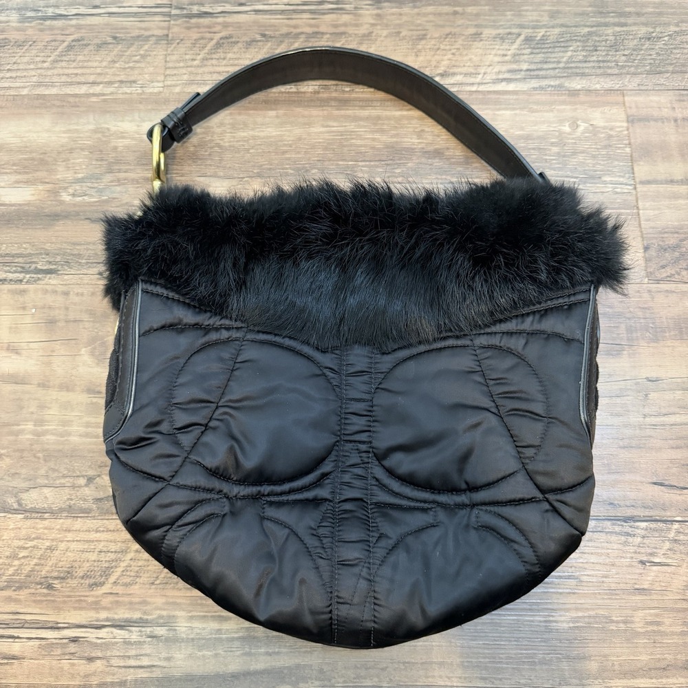 Vtg Coach ski Bunny Hobo Bag Black 2005 Quilted Rabbit Fur Y2K Preppy 3586